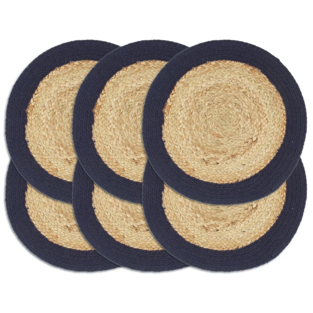 Placemats 6 st 38 cm jute en katoen natuurlijk en marineblauw