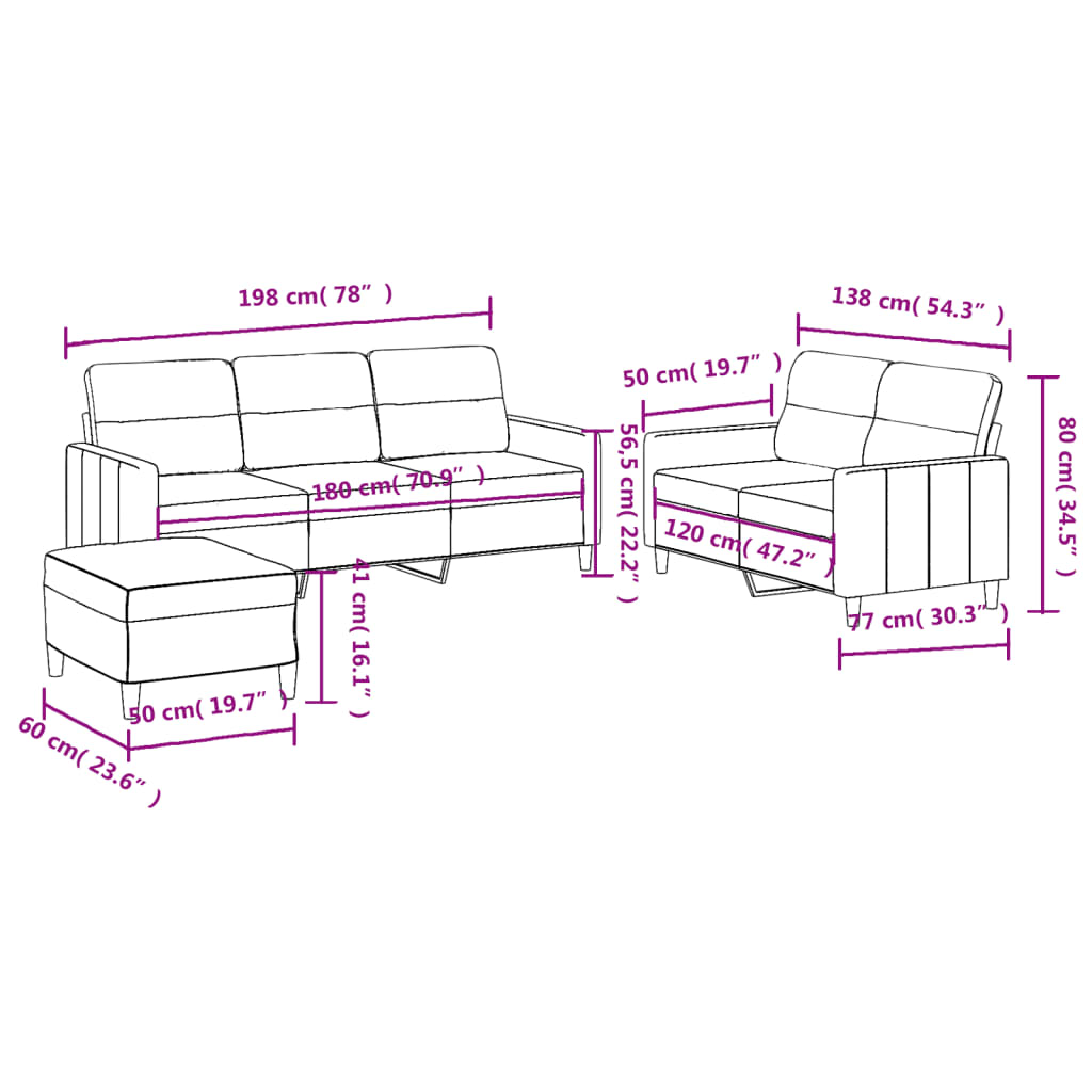 3-delige Loungeset met kussens stof lichtgrijs