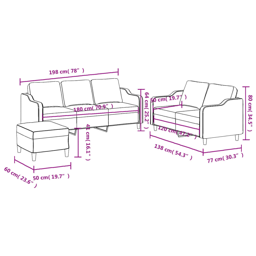 3-delige Loungeset met kussens stof crèmekleurig