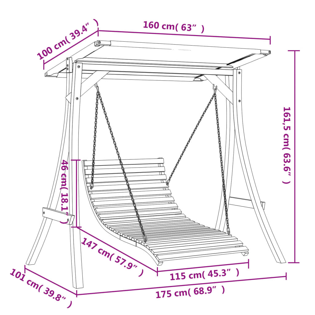 Schommelbed met luifel vurenhout met teak afwerking