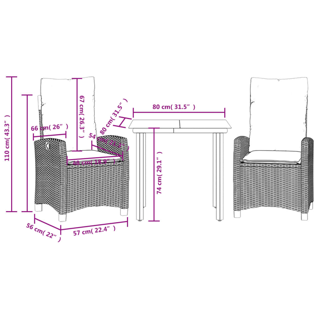3-delige Tuinset met kussens poly rattan gemengd beige