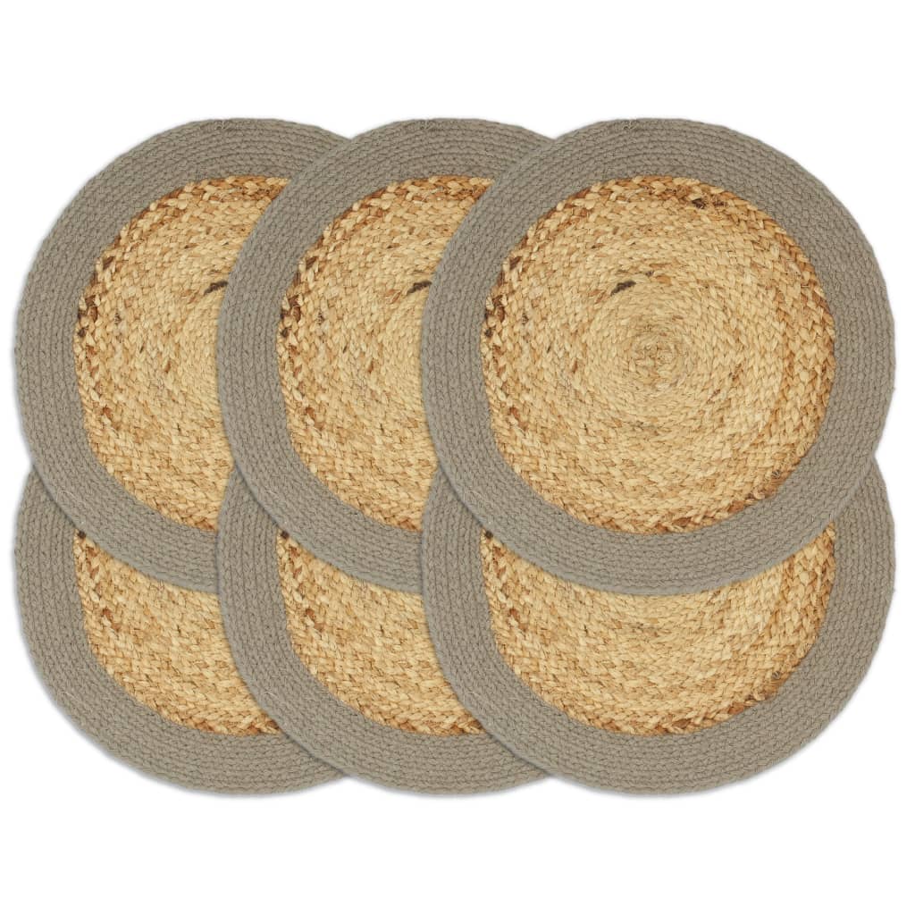 Placemats 6 st 38 cm jute en katoen natuurlijk en grijs
