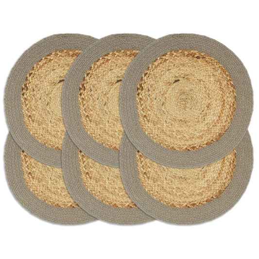 Placemats 6 st 38 cm jute en katoen natuurlijk en grijs