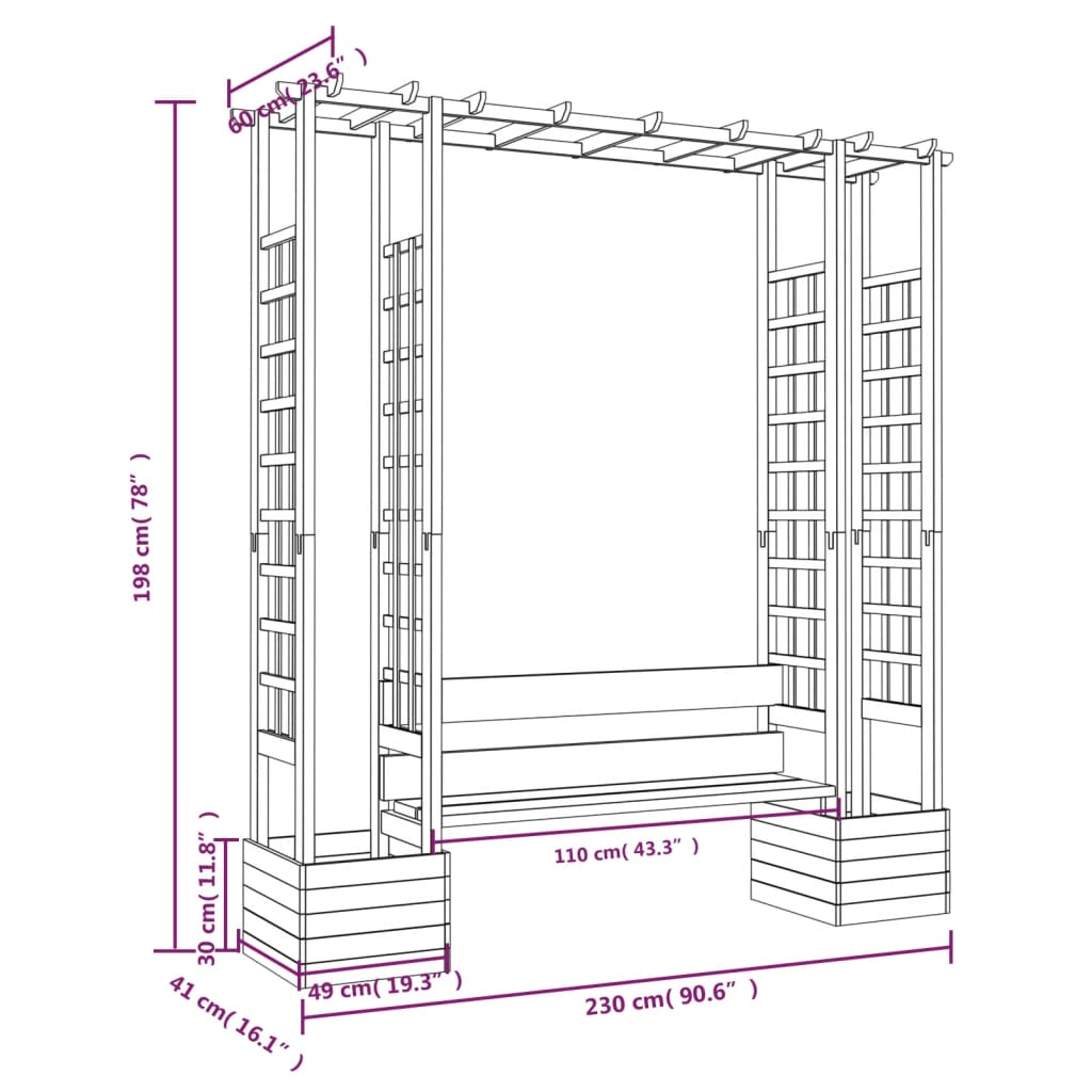 Pergola met bank en plantenbakken geïmpregneerd grenenhout