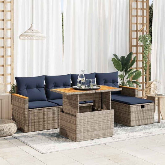6-delige Loungeset met kussens poly rattan acacia grijs