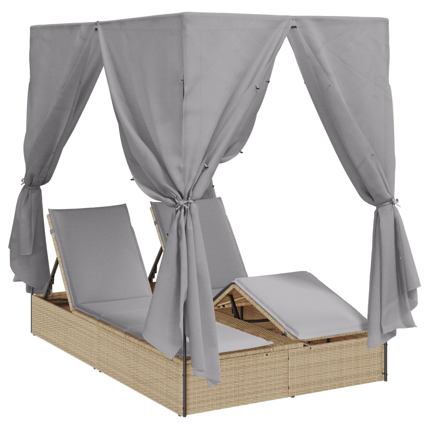 Dubbele Zonne-Lounger Set van 2 Beige en lichtgrijs Poly Rattan